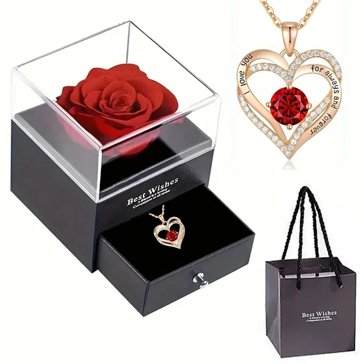 Luxury Red Zircon Pendant Necklaces with Rose Flower Gift Box For Girlfriend Women I Love You Gifts Trendy Wedding Jewelry 8