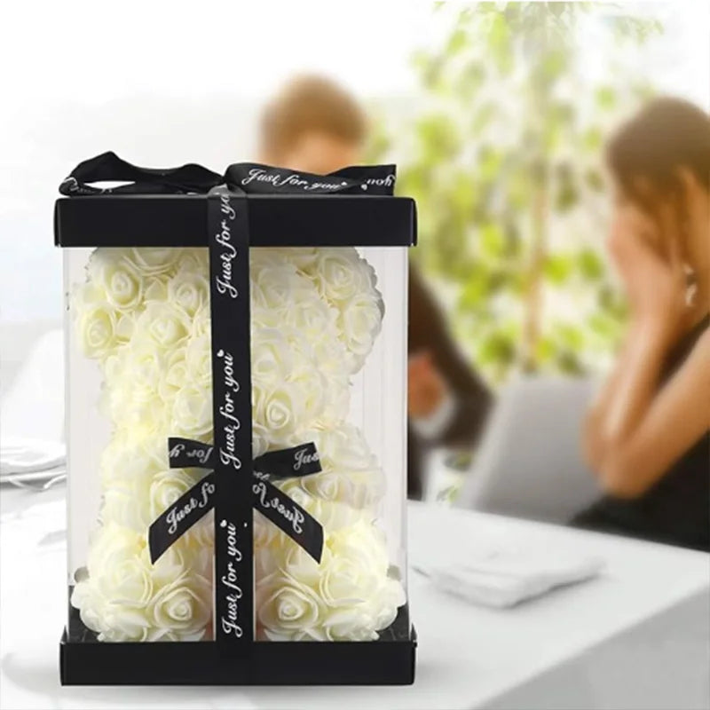 25cm Artificial Teddy Rose Flower Bear with Box Romantic Valentines Day Gift Girlfriend Women Anniversary Wedding Party Supplies 3